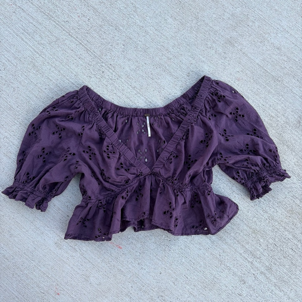 Free People Purple Eyelet Peplum Top Puff Sleeve Boho Cottagecore Blouse Small